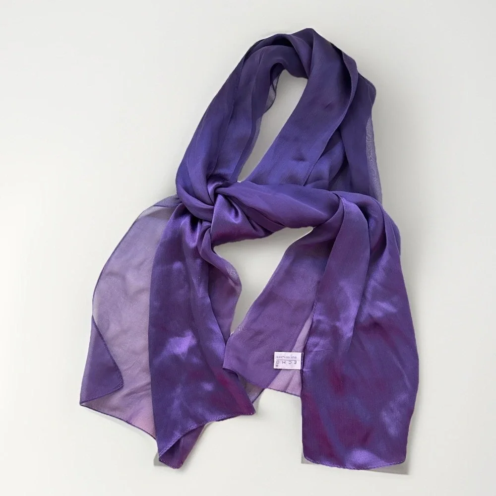 ECHO Royal Purple Silk Half Sheer Oblong Long Scarf Made In Japan 17x60